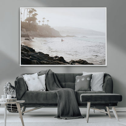 62501405-MGV-CV-36X24-Misty Beach Wall Art Canvas Print, Framed California Surfer Art Picture Print, Coastal Cliff Perfect Coastal Beach Decor Artwork