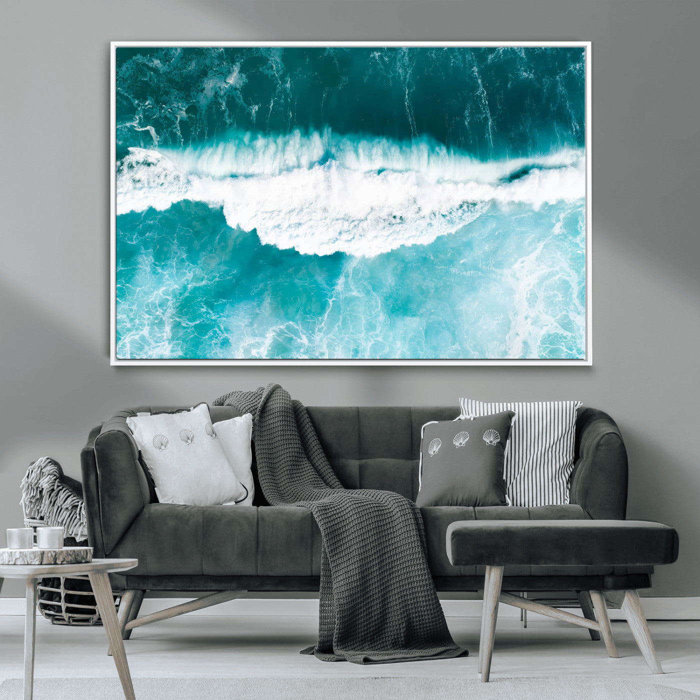 23828594-MGV-CV-36X24-Aerial Waves Wall Art Canvas Print, Framed Ocean Break Art Picture Print, Sea Foam Perfect Tropical Coastal Decor Artwork