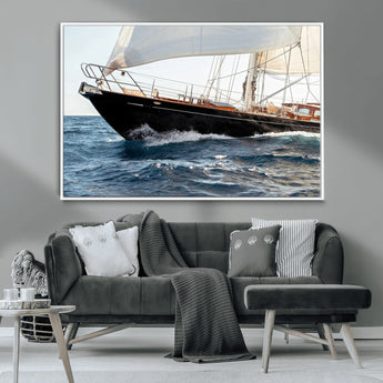 97168626-MGV-CV-36X24-Sailing Yacht Wall Art Canvas Print, Framed Wooden Yacht Art Picture Print, Ocean Waves Perfect Nautical Coastal Decor Artwork