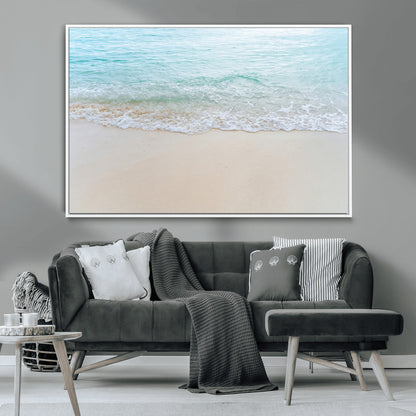 77194056-MGV-CV-36X24-Soft Shoreline Wall Art Canvas Print, Framed Gentle Waves Art Picture Print, Clear Water Perfect Minimalist Coastal Decor Artwork