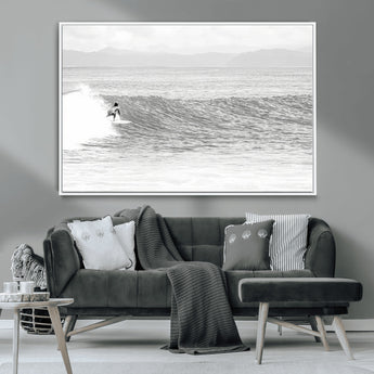 81535128-MGV-CV-36X24-Surfer Woman Wall Art Canvas Print, Framed Black Ocean Art Picture Print, Ocean Surfing Perfect Monochrome Coastal Decor Artwork