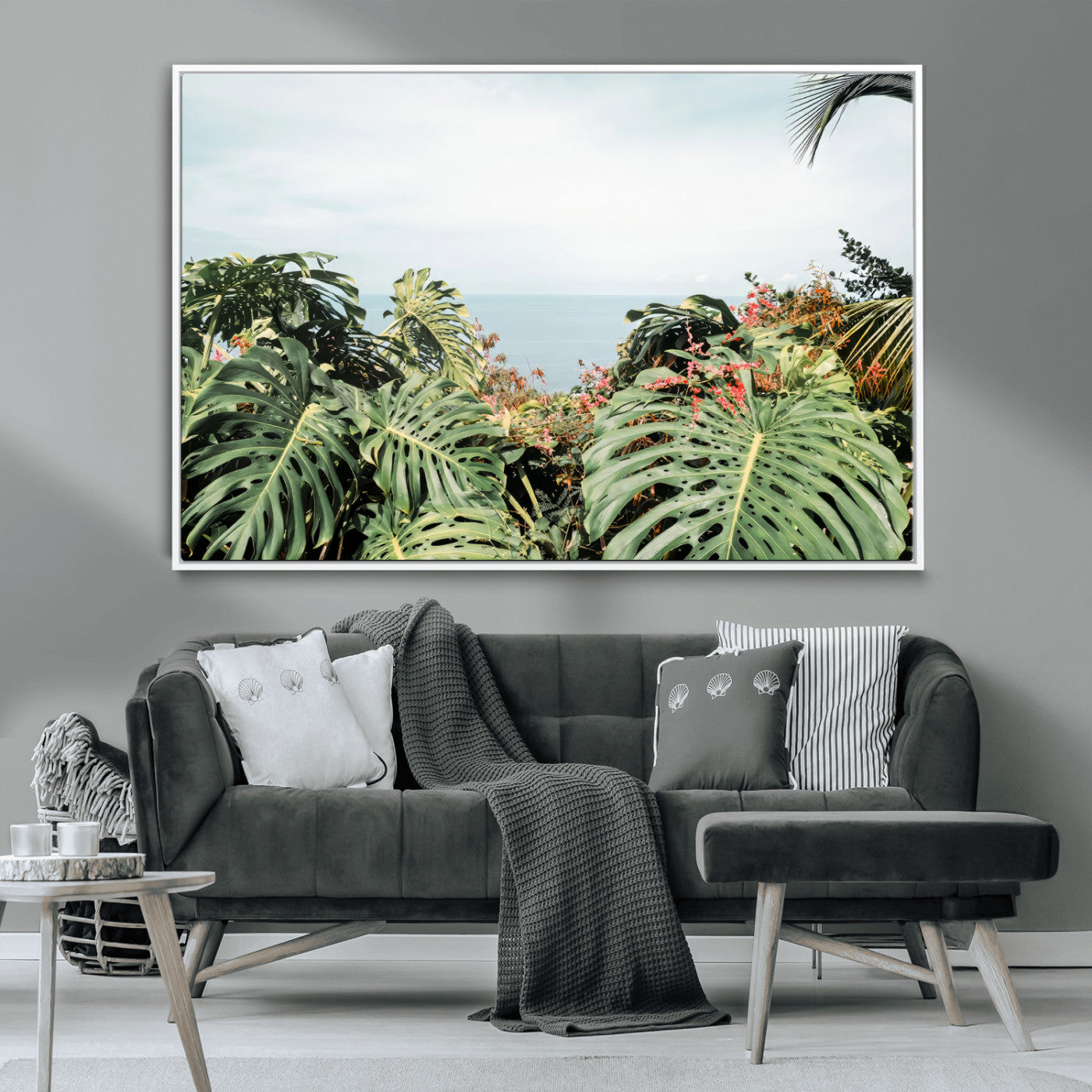 45700479-MGV-CV-36X24-Monstera Leaves Wall Art Canvas Print, Framed Tropical Ocean Art Picture Print, Tropical Foliage Perfect Tropical Coastal Jungle