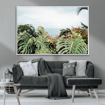 45700479-MGV-CV-36X24-Monstera Leaves Wall Art Canvas Print, Framed Tropical Ocean Art Picture Print, Tropical Foliage Perfect Tropical Coastal Jungle