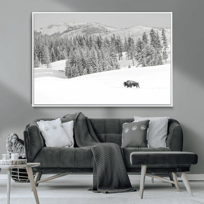 68081143-MGV-CV-36X24-Snowy Bison Wall Art Canvas Print, Framed Winter Forest Art Picture Print, Lone Bison Perfect Monochrome Winter Wild Decor Artwork