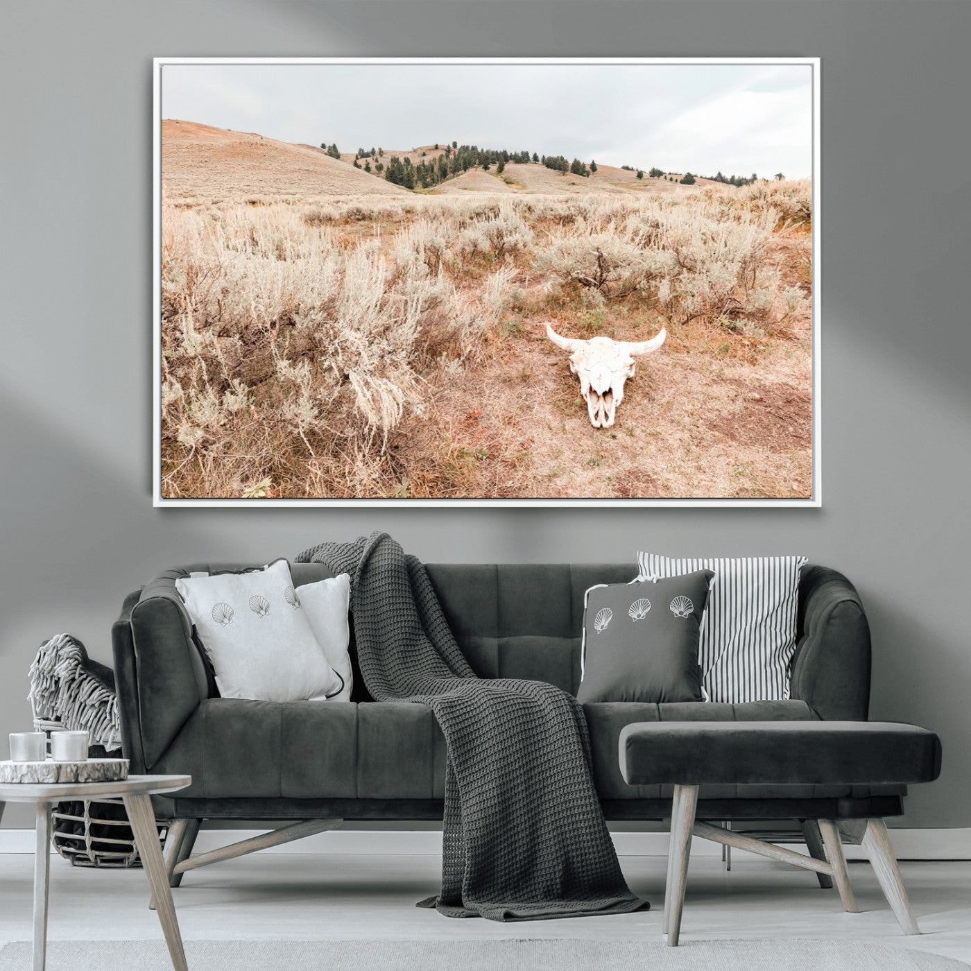 97234735-MGV-CV-36X24-Rustic Bones Wall Art Canvas Print, Framed Desert Sage Art Picture Print, Prairie Skull Perfect Minimal Rustic Decor Artwork