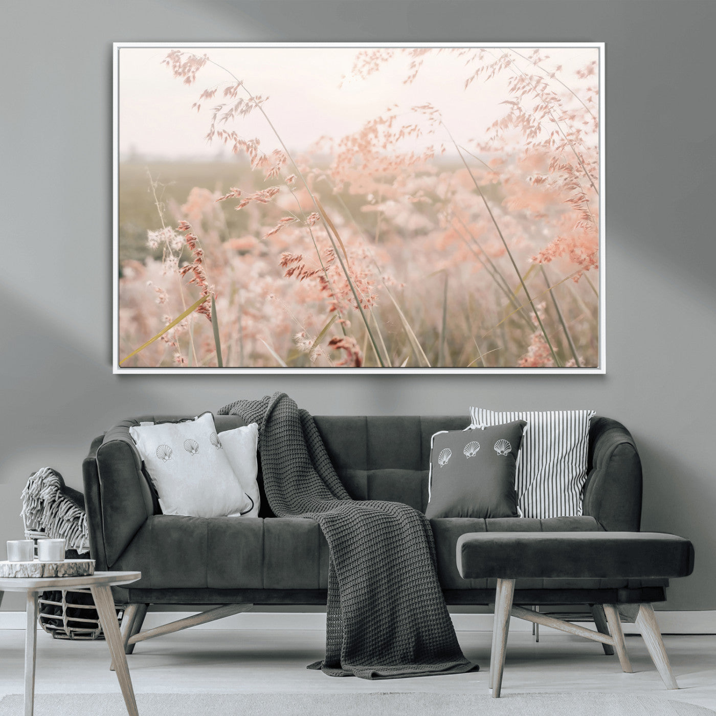 79164340-MGV-CV-36X24-Pastel Grasses Wall Art Canvas Print, Framed Soft Meadow Art Picture Print, Field in Breeze Perfect Pastel Minimal Decor Artwork