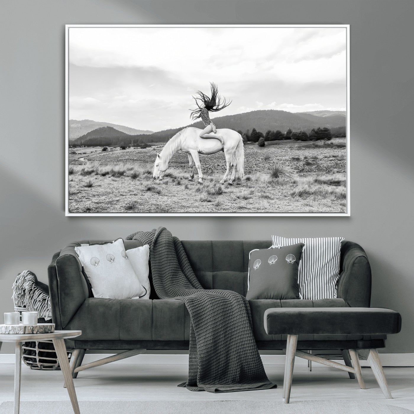 62789800-MGV-CV-36X24-White Horse Wall Art Canvas Print, Framed Woman Rider Art Picture Print, Equestrian Pose Perfect Western Boho Decor Artwork