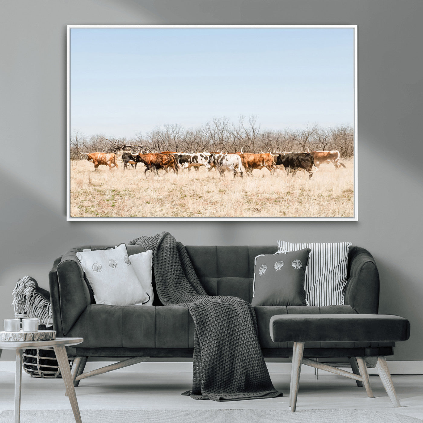16563092-MGV-CV-36X24-Texas Longhorns Wall Art Canvas Print, Framed Western Cattles Art Picture Print, Rustic Herd Perfect Rustic Farmhouse Decor