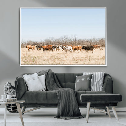 16563092-MGV-CV-36X24-Texas Longhorns Wall Art Canvas Print, Framed Western Cattles Art Picture Print, Rustic Herd Perfect Rustic Farmhouse Decor