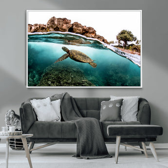 44200301-MGV-CV-36X24-Sea Turtle Swim Wall Art Canvas Print, Framed Ocean Life Art Picture Print, Tropical Shoreline Perfect Tropical Coastal Decor