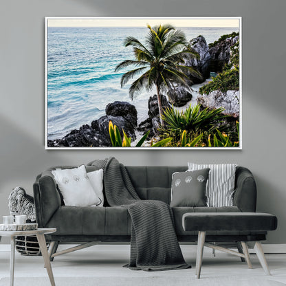 94669907-MGV-CV-36X24-Tropical Coastline Wall Art Canvas Print, Framed Palm Tree Art Picture Print, Rocky Beach Perfect Tropical Coastal Decor Artwork