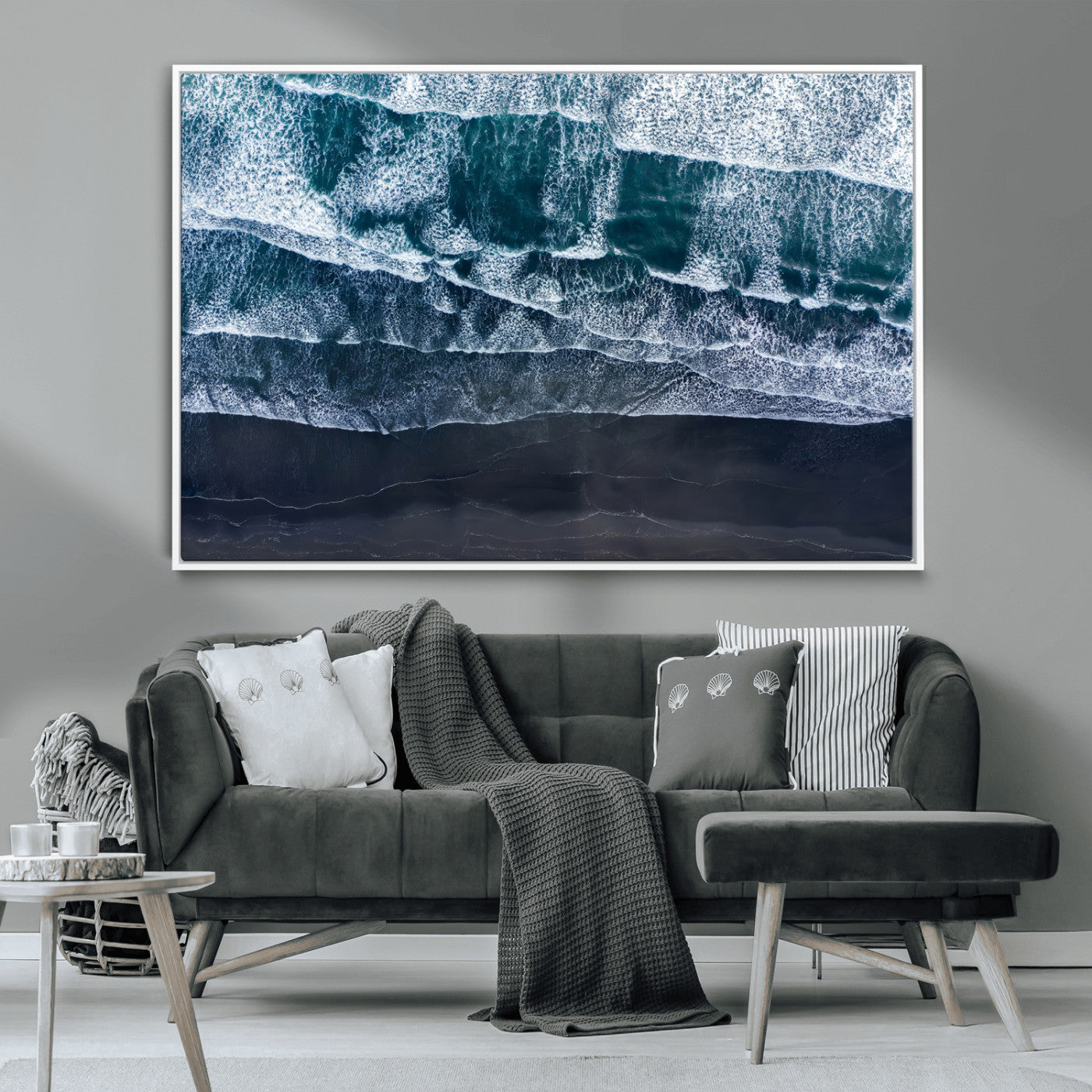 87941475-MGV-CV-36X24-Black Beach Wall Art Canvas Print, Framed Aerial Ocean Art Picture Print, Moody Coastal Perfect Modern Coastal Decor Artwork