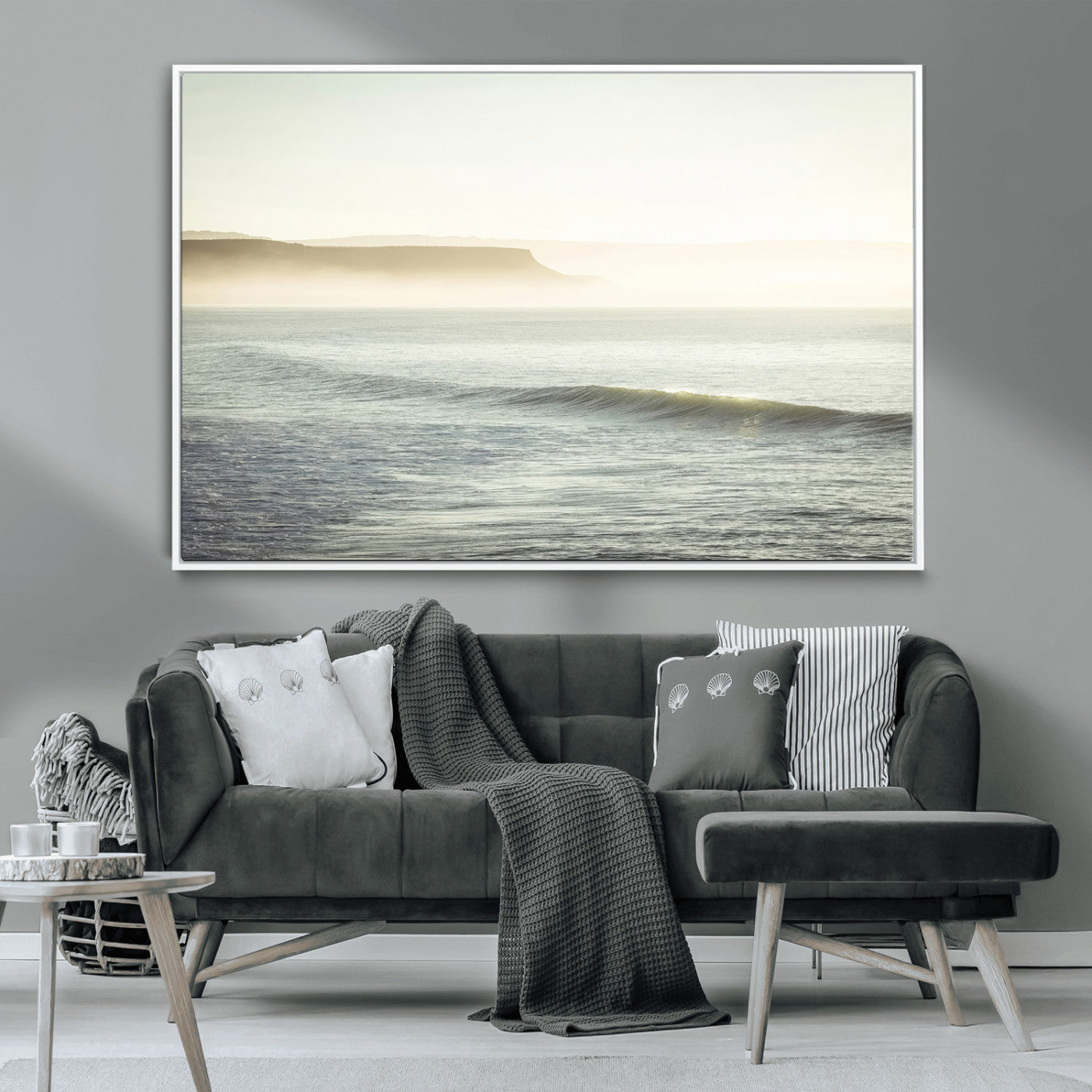 39310633-MGV-CV-36X24-Coastal Cliffs Wall Art Canvas Print, Framed Misty Ocean Art Picture Print, Morning Light Perfect Minimalistic Coastal Decor