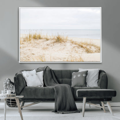 13146857-MGV-CV-36X24-Beach Dunes Wall Art Canvas Print, Framed Soft Horizon Art Picture Print, Coastal Grass Perfect Minimalist Coastal Decor Artwork