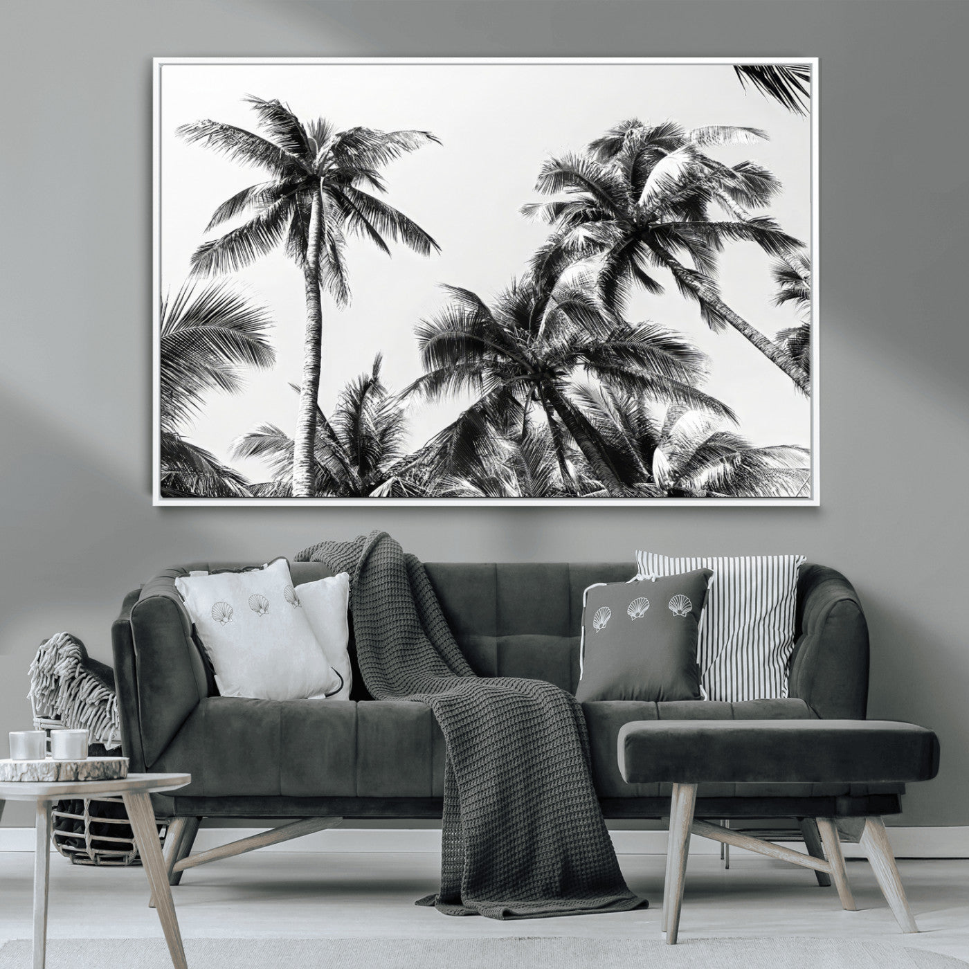 46641801-MGV-CV-36X24-Palm Tree Wall Art Canvas Print, Framed Black White Tropics Art Picture Print, Monochrome Palms Perfect Modern Tropical Minimalist