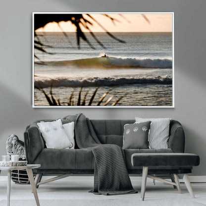24896468-MGV-CV-36X24-Sunset Surf Wall Art Canvas Print, Framed Golden Waves Art Picture Print, Tropical Ocean Perfect Tropical Boho Decor Artwork