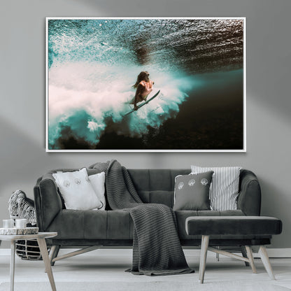 85923512-MGV-CV-36X24-Aquatic Motion Wall Art Canvas Print, Framed Underwater Swimming Art Picture Print, Female Surfer Diving Perfect Coastal Boho