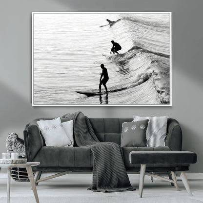 19875284-MGV-CV-36X24-Surfer Waves Wall Art Canvas Print, Framed Black White Surf Art Picture Print, Monochrome Ocean Perfect Modern Coastal Decor