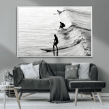 19875284-MGV-FC-36X24_White-Surfer Waves Wall Art Canvas Print, Framed Black White Surf Art Picture Print, Monochrome Ocean Perfect Modern Coastal Decor