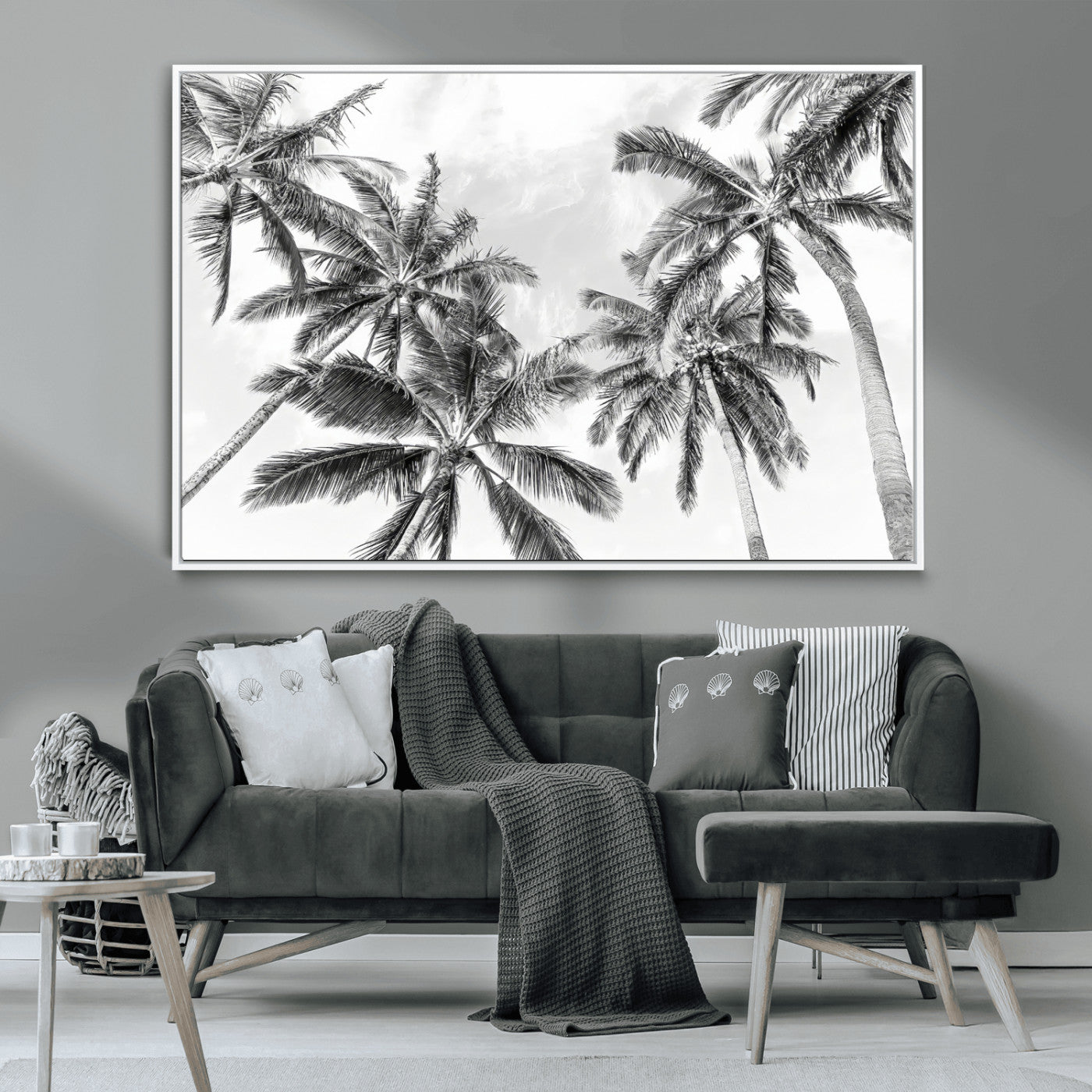 62113786-MGV-CV-36X24-Black White Palm Wall Art Canvas Print, Framed Monochrome Tropics Art Picture Print, Minimalist Beach Perfect Coastal Minimalist