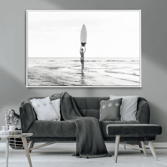 98446901-MGV-CV-36X24-Monochrome Surf Wall Art Canvas Print, Framed Minimalist Surfer Art Picture Print, Surfboard Silhouette Perfect Coastal Minimalist