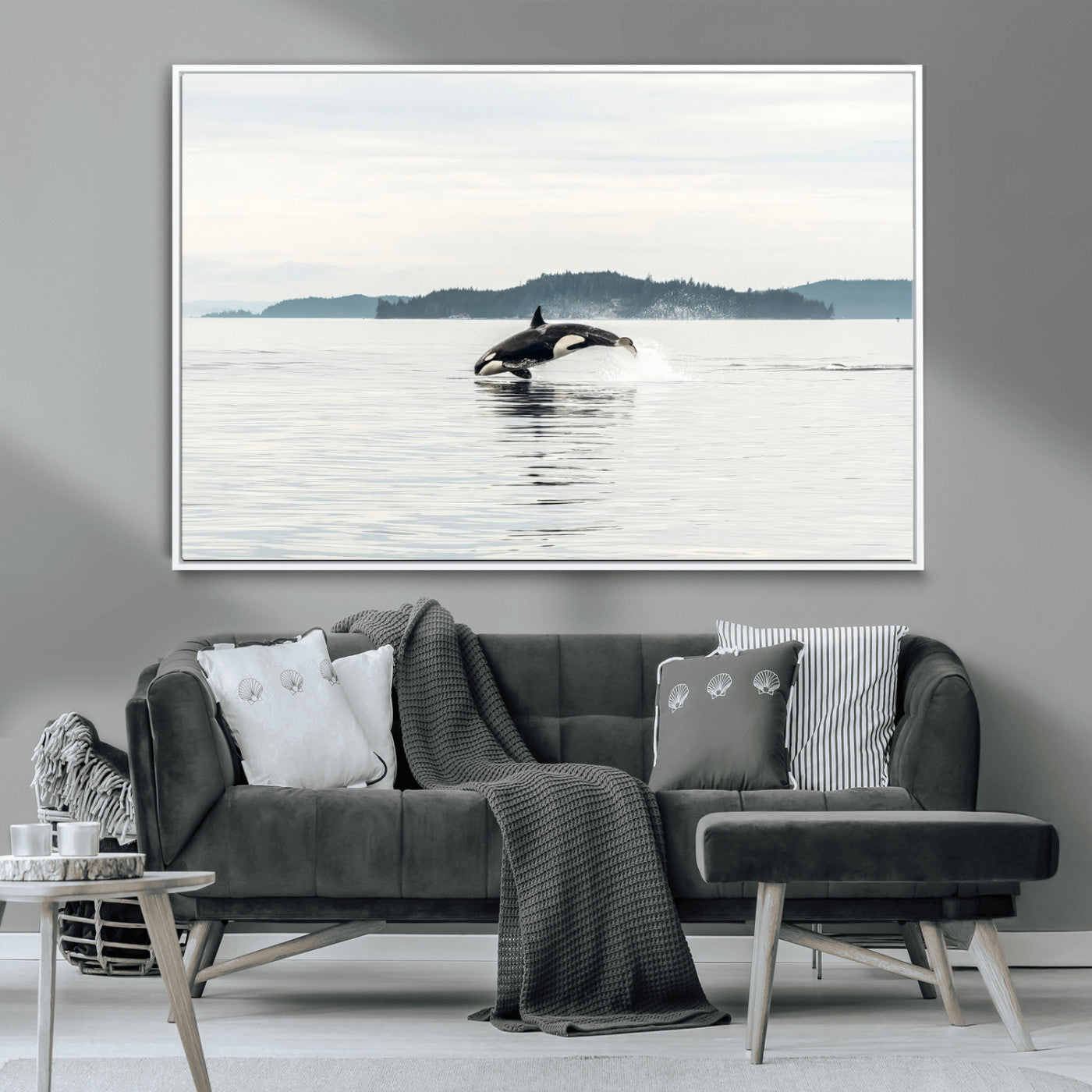 10157174-MGV-CV-36X24-Orca Whale Wall Art Canvas Print, Framed Black White Whale Art Picture Print, Minimalist Ocean Perfect Coastal Minimalist Decor