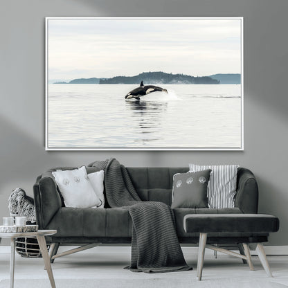 10157174-MGV-CV-36X24-Orca Whale Wall Art Canvas Print, Framed Black White Whale Art Picture Print, Minimalist Ocean Perfect Coastal Minimalist Decor