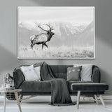 62278753-MGV-CV-36X24-Monochrome Elk Wall Art Canvas Print, Framed Mountain Wildlife Art Picture Print, Rustic Nature Perfect Rustic Minimalist Decor
