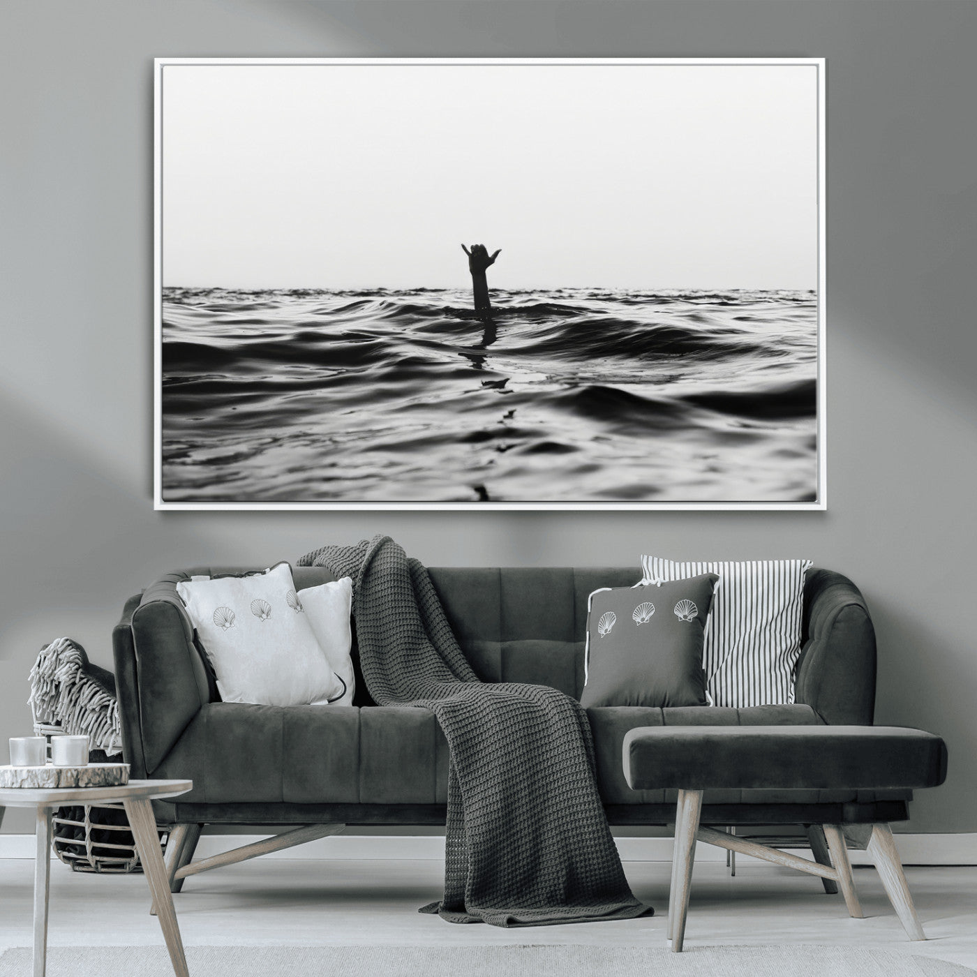 69541918-MGV-CV-36X24-Black White Ocean Wall Art Canvas Print, Framed Moody Seascape Art Picture Print, Surfer Sign Perfect Moody Minimalist Decor