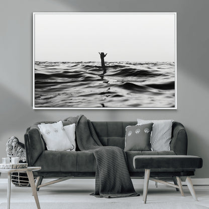 69541918-MGV-CV-36X24-Black White Ocean Wall Art Canvas Print, Framed Moody Seascape Art Picture Print, Surfer Sign Perfect Moody Minimalist Decor