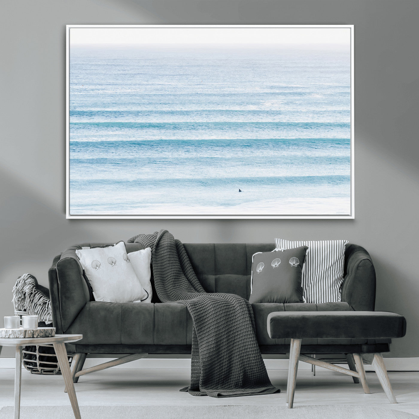 77145995-MGV-CV-36X24-Ocean Simplicity Wall Art Canvas Print, Framed Surfer on Water Art Picture Print, Light Blue Perfect Coastal Minimalist Decor