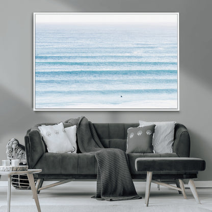 77145995-MGV-CV-36X24-Ocean Simplicity Wall Art Canvas Print, Framed Surfer on Water Art Picture Print, Light Blue Perfect Coastal Minimalist Decor