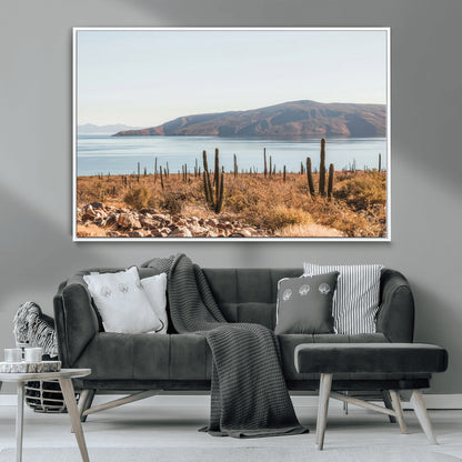 45193515-MGV-CV-36X24-Desert Cactus Wall Art Canvas Print, Framed Baja Coastline Art Picture Print, Coastal Desert Perfect Southwestern Minimalist Decor