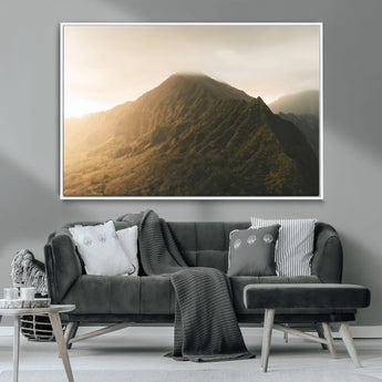 42338636-MGV-CV-36X24-Golden Mountain Wall Art Canvas Print, Framed Misty Summit Art Picture Print, Rugged Landscape Perfect Moody Wilderness Decor