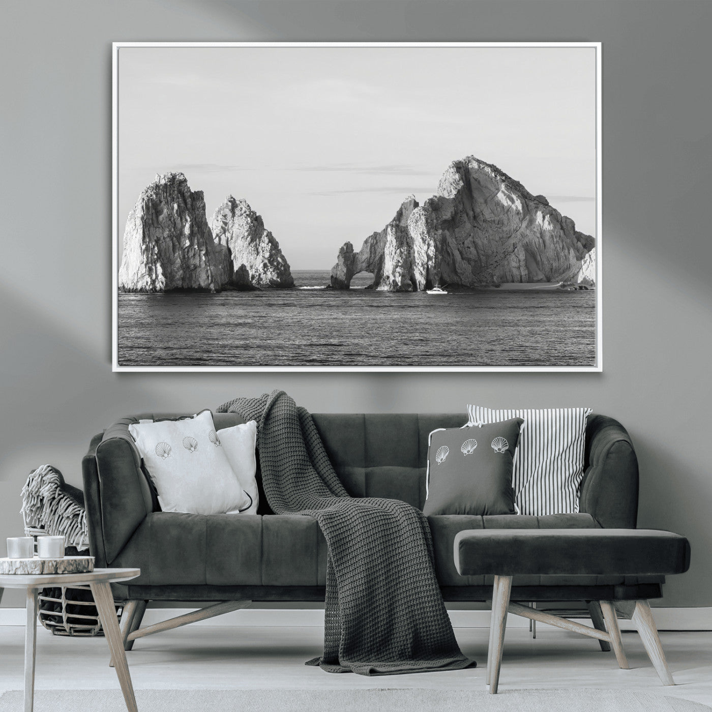 18810731-MGV-CV-36X24-Rugged Coastline Wall Art Canvas Print, Framed Ocean Cliffs Art Picture Print, Monochrome Seascape Perfect Coastal Minimalist