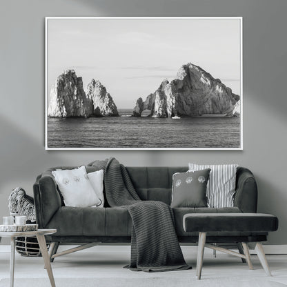 18810731-MGV-CV-36X24-Rugged Coastline Wall Art Canvas Print, Framed Ocean Cliffs Art Picture Print, Monochrome Seascape Perfect Coastal Minimalist