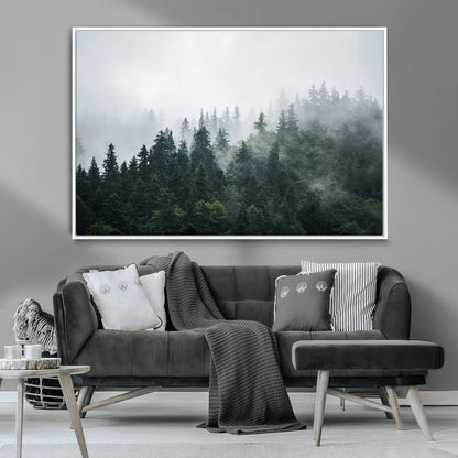 84146572-MGV-CV-36X24-Foggy Pine Trees Wall Art Canvas Print, Framed Forest Nature Art Picture Print, Evergreen Forest Perfect Scandinavian Minimalist