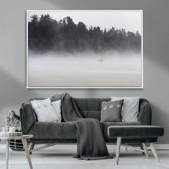 59703275-MGV-CV-36X24-Surfer in Fog Wall Art Canvas Print, Framed Foggy Beach Art Picture Print, Coastal Surf Perfect Moody Coastal Decor Artwork
