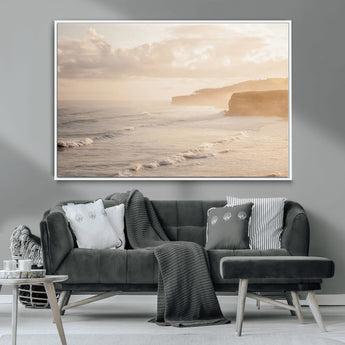 57669769-MGV-CV-36X24-Misty Coastal Wall Art Canvas Print, Framed Golden Sunset Art Picture Print, Serene Shoreline Perfect Tranquil Coastal Decor