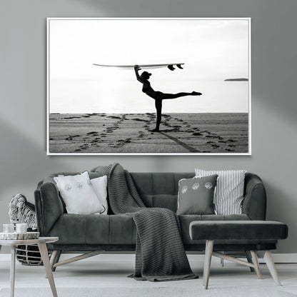 28441356-MGV-CV-36X24-Yoga Surf Wall Art Canvas Print, Framed Black White Shore Art Picture Print, Peaceful Ocean Perfect Minimalist Coastal Decor