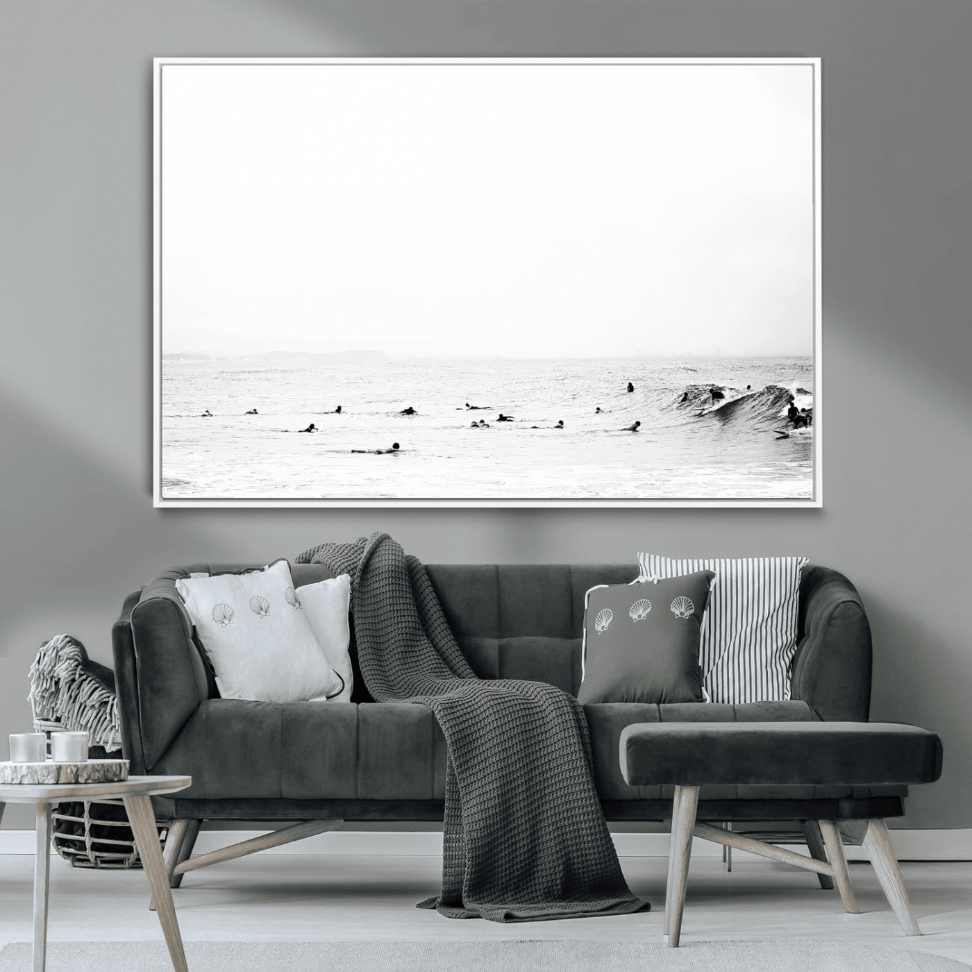 38441169-MGV-CV-36X24-Monochrome Swimming Wall Art Canvas Print, Framed Ocean Horizon Art Picture Print, Moody Coastal Perfect Minimalist Coastal Decor
