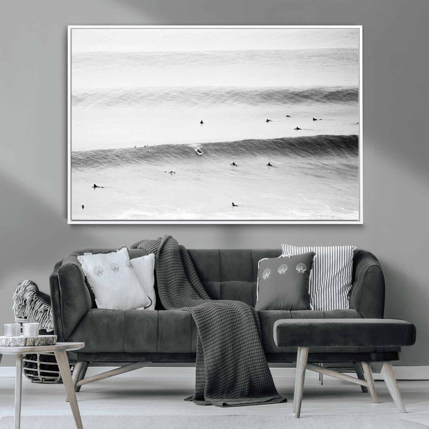 54291445-MGV-CV-36X24-Black White Ocean Wall Art Canvas Print, Framed Coastal Sport Art Picture Print, Ocean Culture Perfect Minimalist Coastal Decor