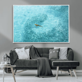 43671474-MGV-CV-36X24-Fish Swarm Wall Art Canvas Print, Framed Marine Life Art Picture Print, Shark Aerial Perfect Wildlife Coastal Decor Artwork