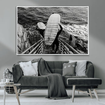 32353707-MGV-CV-36X24-Black White Surfing Wall Art Canvas Print, Framed Coastal Surfing Art Picture Print, Wave Riders Perfect Coastal Adventure Decor
