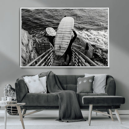 32353707-MGV-FC-36X24_White-Black White Surfing Wall Art Canvas Print, Framed Coastal Surfing Art Picture Print, Wave Riders Perfect Coastal Adventure Decor