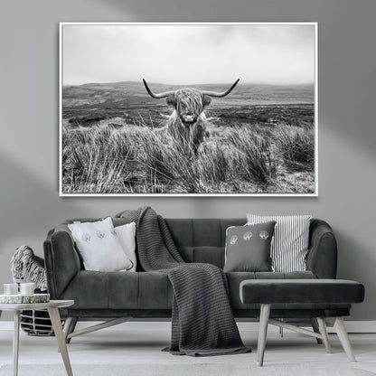 24051061-MGV-CV-36X24-Monochrome Highland Cow Wall Art Canvas Print, Framed Scottish Bull Art Picture Print, Lone Cattle Perfect Rustic Farmhouse Decor