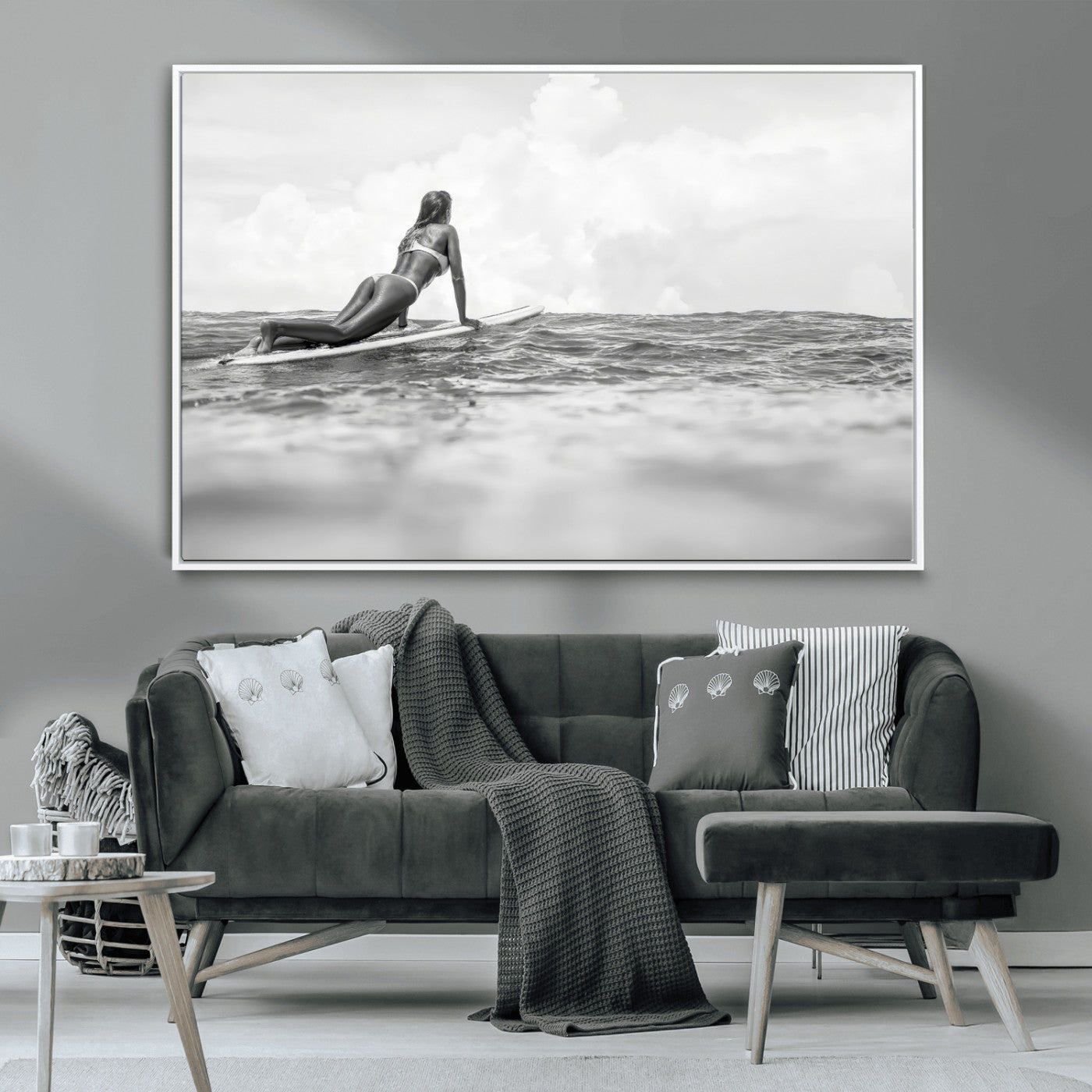 69798068-MGV-CV-36X24-Black White Surfing Wall Art Canvas Print, Framed Ocean Horizon Art Picture Print, Surfer Girl Perfect Coastal Adventure Decor