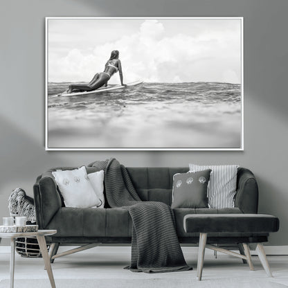 69798068-MGV-CV-36X24-Black White Surfing Wall Art Canvas Print, Framed Ocean Horizon Art Picture Print, Surfer Girl Perfect Coastal Adventure Decor