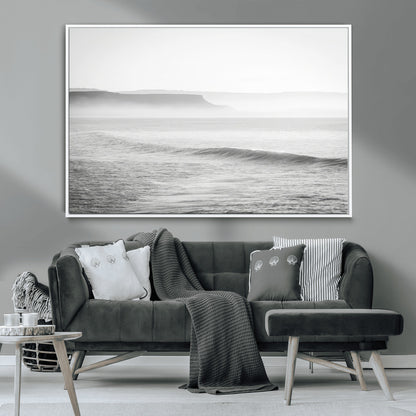 60635783-MGV-CV-36X24-Black White Seascape Wall Art Canvas Print, Framed Ocean Waves Art Picture Print, Misty Coastal Perfect Minimalist Coastal Decor