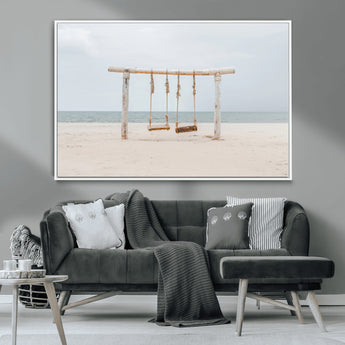68327283-MGV-CV-36X24-Beach Swing Wall Art Canvas Print, Framed Quiet Beach Art Picture Print, Calm Shoreline Perfect Bohemian Coastal Decor Artwork